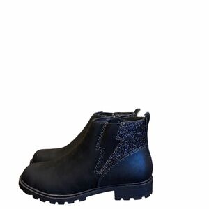 Land’s End Girls Black Ankle Boot with Glitter Lightening Bolt Design.